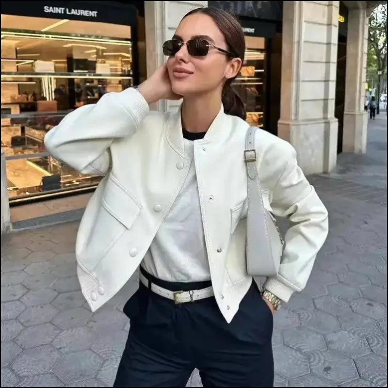 TRAF Women’s White Bomber Jacket - Cropped Long sleeve crop outerwear Autumn winter cropped jacket - Woman Coat