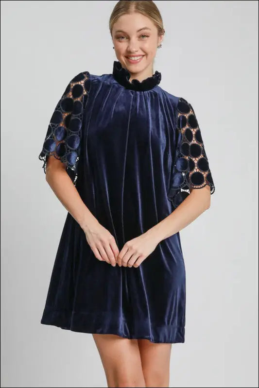 Umgee Dotted Lace Half Sleeve Mock Neck Back Tie Velvet Dress - Navy / S