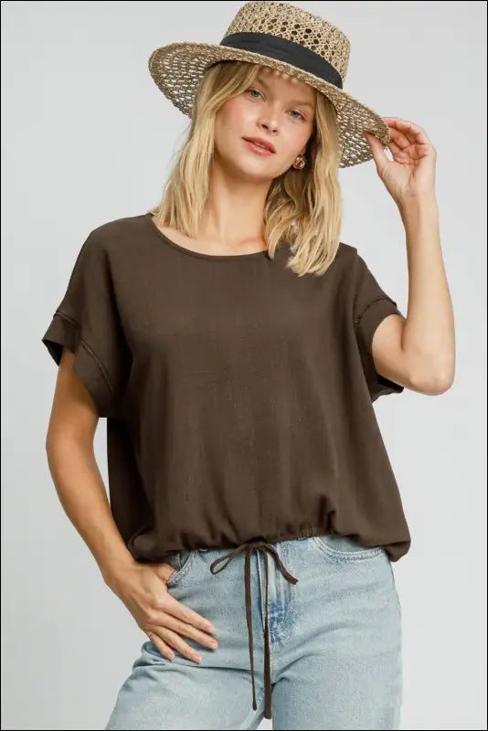 Umgee Drawstring Hem Round Neck Short Sleeve T-Shirt - Coffee Brown / S