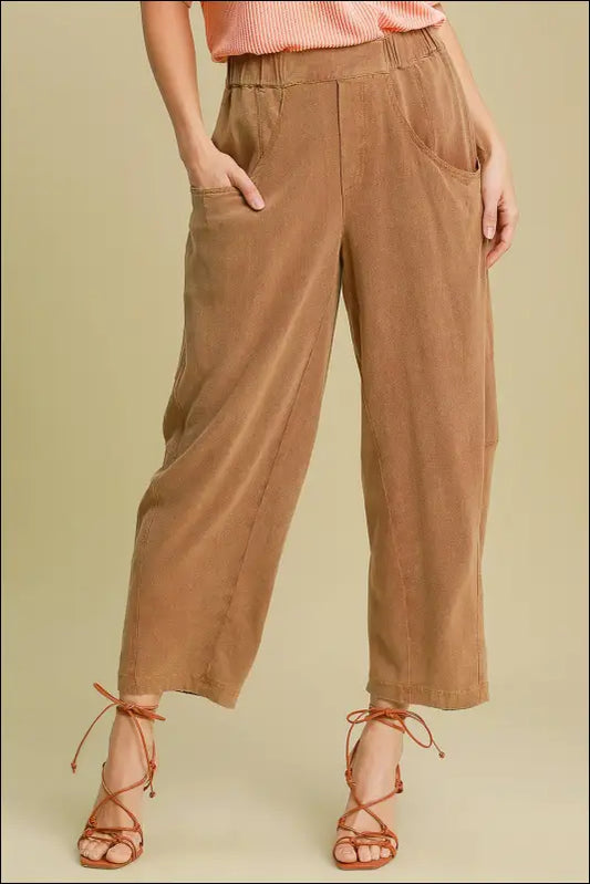 Umgee Elastic Waist Baggy Fit Pants with Pockets - Caramel / S