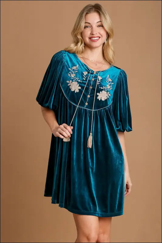 Umgee Embroidered Half Sleeve Velvet Mini Dress with Tassel - Deep Teal / S