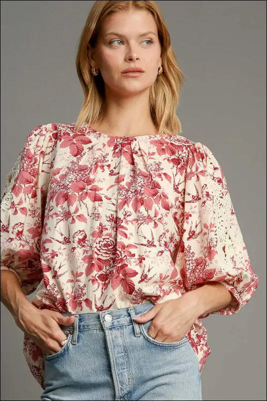 Umgee Floral Pleated Detail Lace Trim Sleeve Blouse - Pink Mix / S