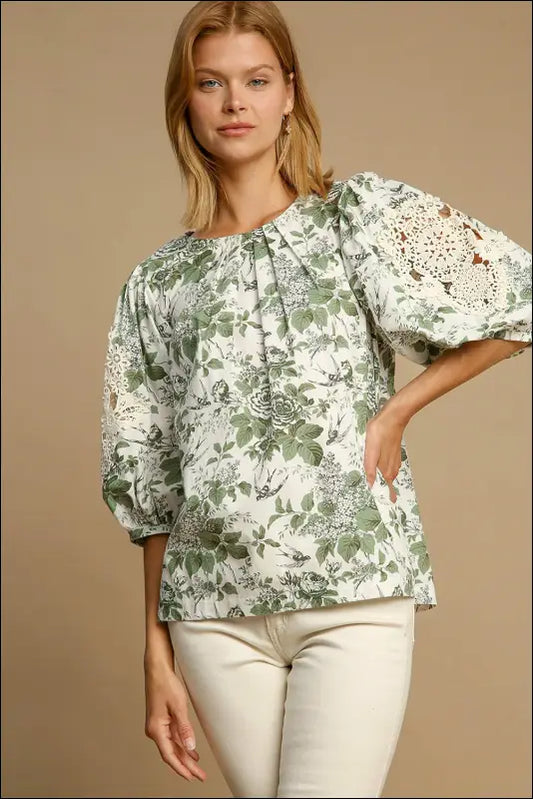 Umgee Floral Pleated Detail Lace Trim Sleeve Blouse - Sage / S