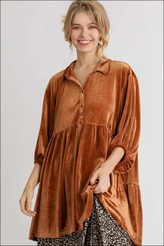 Umgee Full Size Button Down Tiered Back High Low Shirt - Terracotta / S