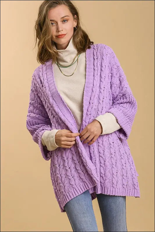 Umgee Full Size Cable Knit Open Front Long Sleeve Cardigan - Lilac / S/M