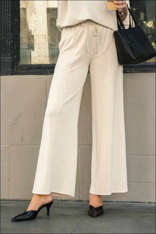 Umgee Full Size Drawstring Wide Leg Pants with Pockets - Ecru / S