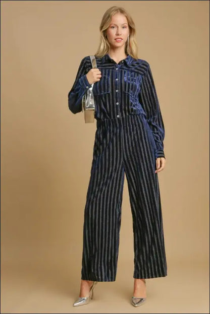 Umgee Full Size Elastic Waist Striped Wide Leg Velvet Pants