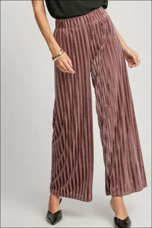 Umgee Full Size Elastic Waist Striped Wide Leg Velvet Pants - Burgundy / S