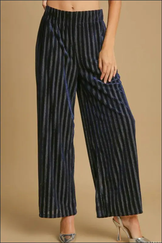 Umgee Full Size Elastic Waist Striped Wide Leg Velvet Pants - Navy / S