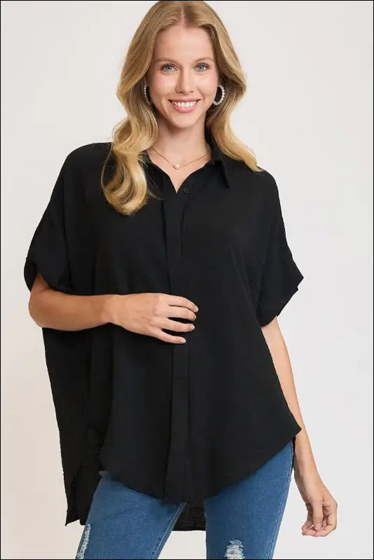 Umgee Full Size High-Low Button Up Short Sleeve Shirt - Black / S