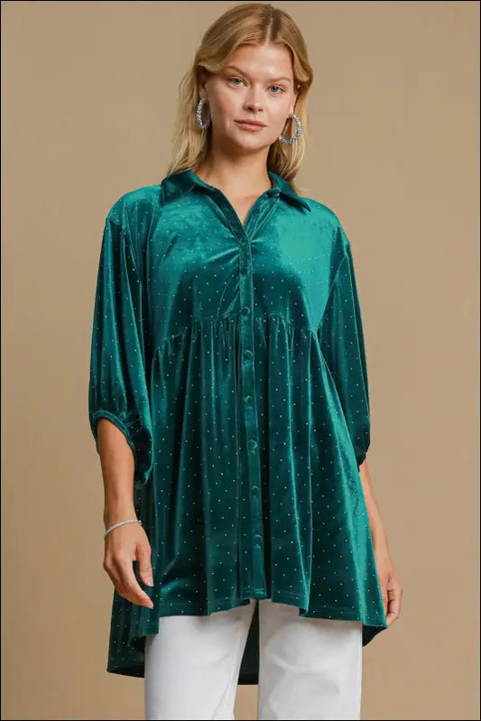 Umgee Full Size Polka Dot Collared Neck Button Up Shirt - Teal Green / S