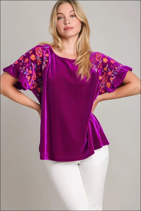 Umgee Full Size Velvet Embroidery Short Sleeve Blouse - Violet / S