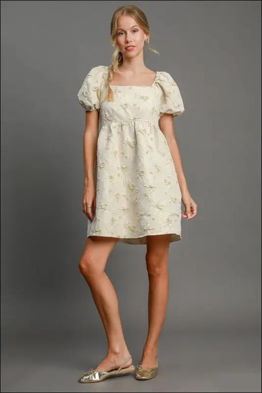 Umgee Heart Jacquard Square Neck Puff Sleeve Mini Dress - Cream / S