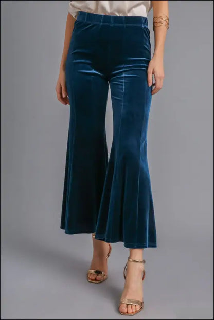 Umgee High Rise Elastic Waist Flare Pants - Peacock Blue / S