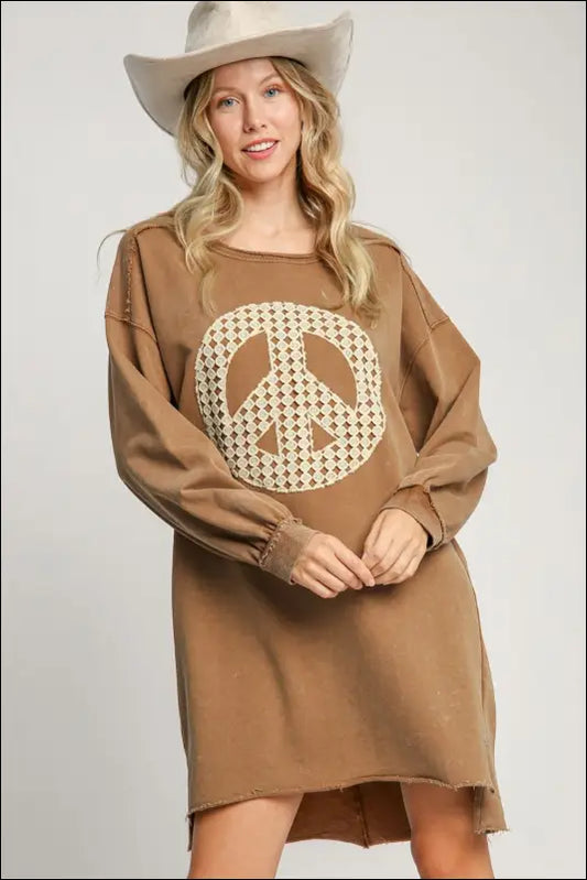 Umgee Peace Lace Applique Frayed Hem French Terry Mini Dress - Caramel / S