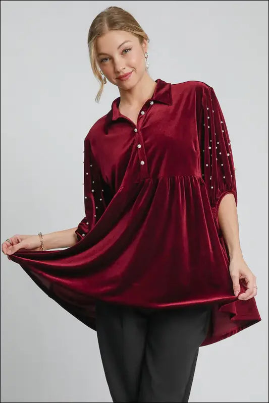 Umgee Pearl Detail Collared Neck Velvet Babydoll Blouse - Burgundy / S