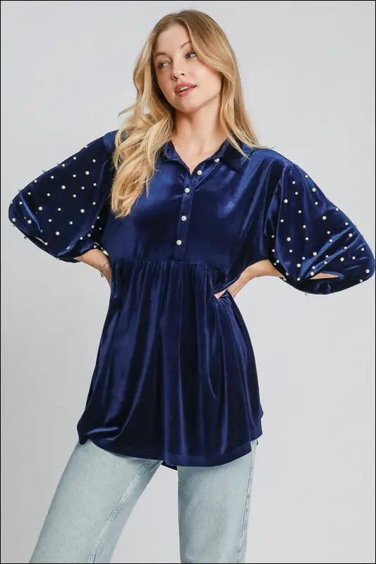 Umgee Pearl Detail Collared Neck Velvet Babydoll Blouse - Navy / S