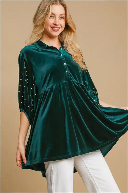 Umgee Pearl Detail Half Sleeve Velvet Babydoll Blouse - Hunter Green / S