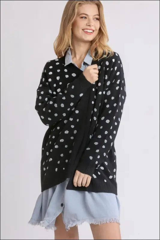 Umgee Polka Dot Open Front Drop Shoulder Cardigan - Black / S