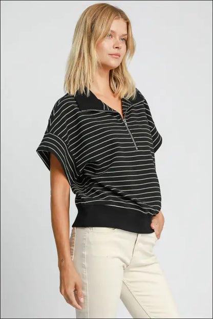 Umgee Striped Half Zip Short Sleeve Sweatshirt