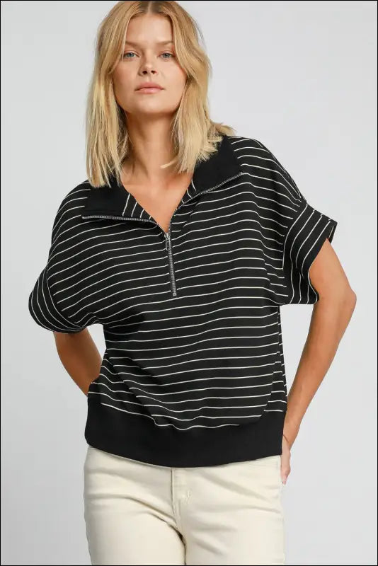 Umgee Striped Half Zip Short Sleeve Sweatshirt - Black / S