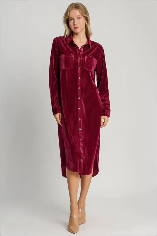 Umgee Texture Curved Hem Button Down Shirt Dress - Burgundy / S