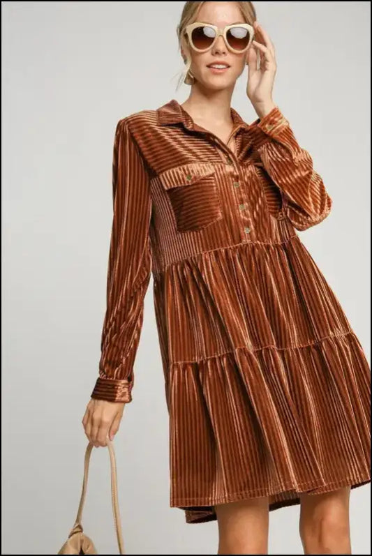 Umgee Texture Tiered Collared Long Sleeve Dress - Copper / S