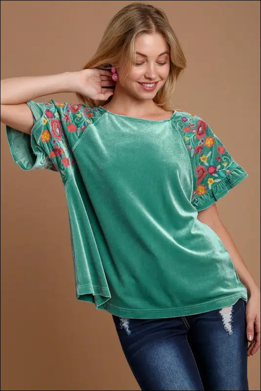 Umgee Velvet Embroidery Short Sleeve Blouse - Turquoise / S