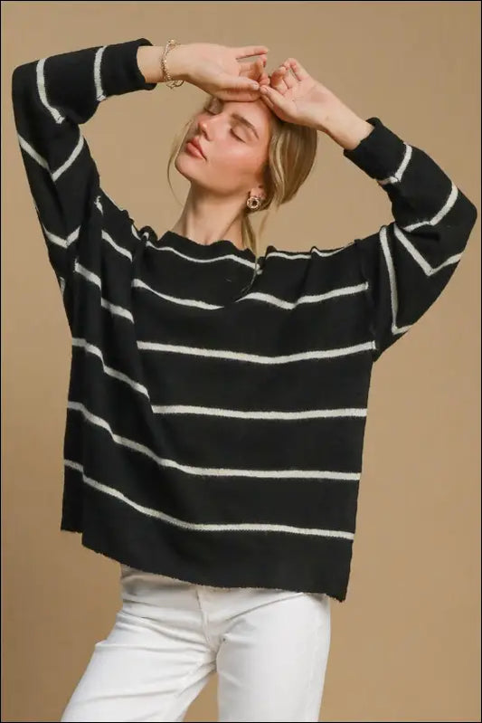 Umgee Wool Blend Striped Round Neck Sweater - Black/Cream / S