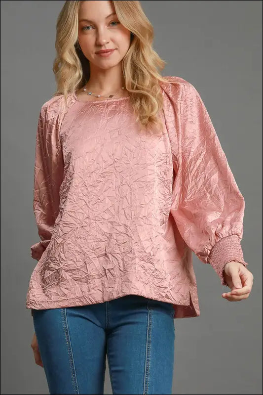 Umgee Wrinkled Round Neck Lantern Sleeve Blouse - Blush Pink / S