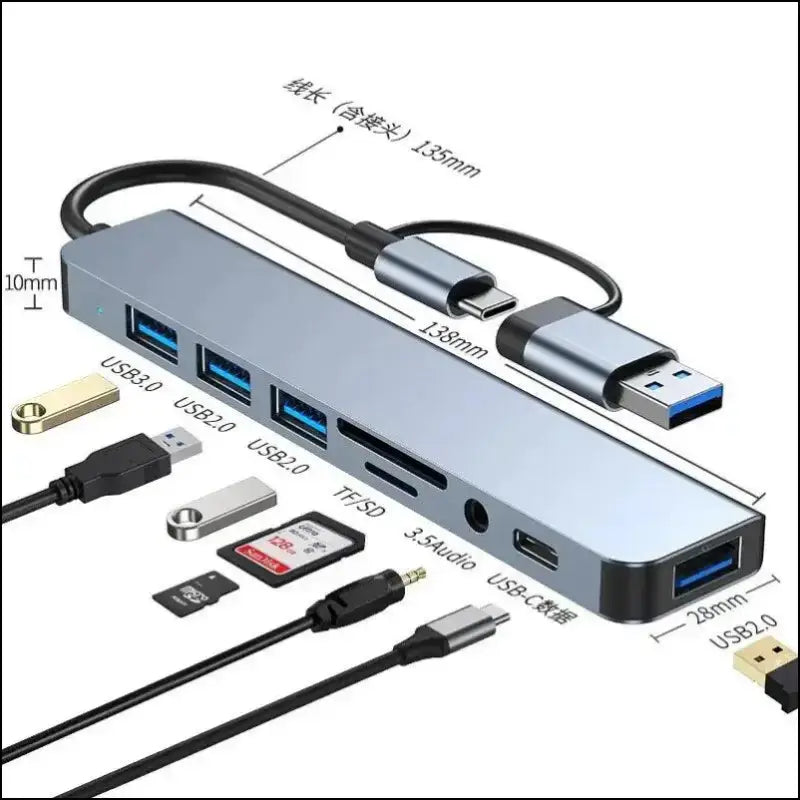 USB C Hub 8-in-2 | Splitter with 4 Ports USB-C TF/SD Card Reader Audio Output | Compatible MacBook - Port