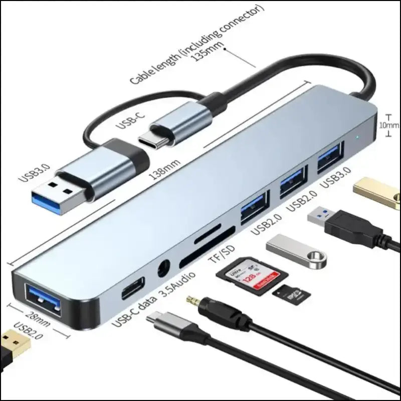 USB C Hub 8-in-2 | Splitter with 4 Ports USB-C TF/SD Card Reader Audio Output | Compatible MacBook - Port