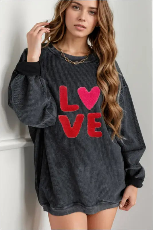 Valentine’s Day LOVE Round Neck Long Sleeve Sweatshirt - Black / S