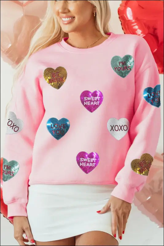 Valentine’s Day Sequin Heart Round Neck Long Sleeve Sweatshirt