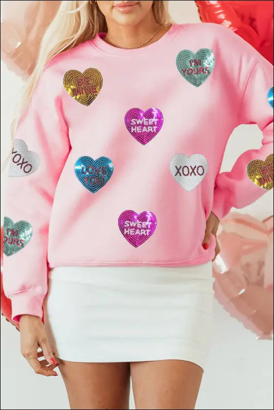 Valentine’s Day Sequin Heart Round Neck Long Sleeve Sweatshirt - Blush Pink / S