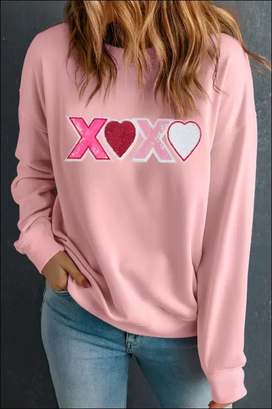 Valentine’s Day XOXO Round Neck Long Sleeve Sweatshirt - Dusty Pink / S