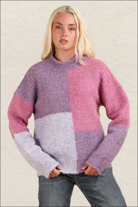 VERY J Color Block Mock Neck Drop Shoulder Sweater - Purple / S