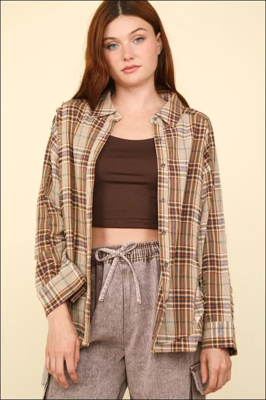 VERY J Contrast Plaid Raw Detail Shirt - Taupe / S