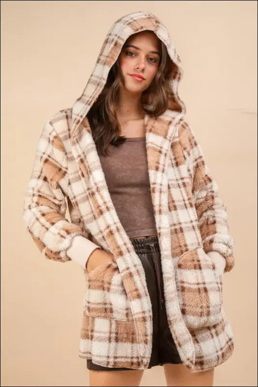 VERY J Fuzzy Plaid Long Sleeve Hooded Jacket - CAMEL MIX / S