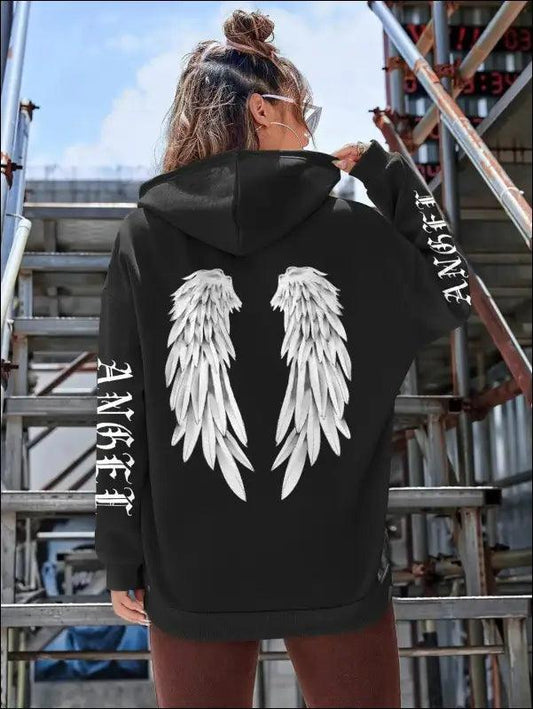 ’Women’s Angel Wings Printed Hoodie - Warm Casual Loose-Fit Fashion Sweatshirt’ - Black / M - Women Hoodies