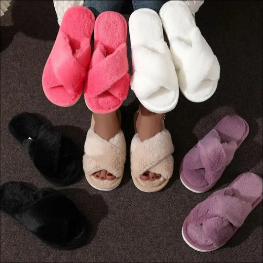 Women’s CrissCross Band Plush House Slippers - Open Toe Fuzzy Warm Winter Indoor Shoes for Cozy Comfort - Women