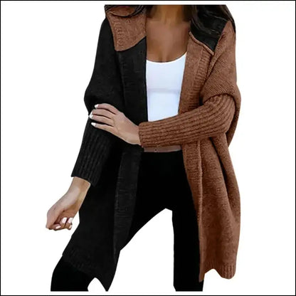 Women’s Loose Knitted Sweater Jacket | Fashion Open Front Long Sleeve Hooded Knit Cardigan | Color Block Outwear Coat