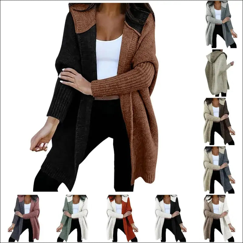 Women’s Loose Knitted Sweater Jacket | Fashion Open Front Long Sleeve Hooded Knit Cardigan | Color Block Outwear Coat