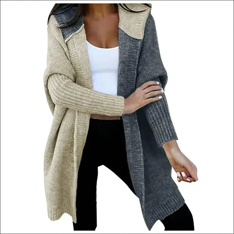 Women’s Loose Knitted Sweater Jacket | Fashion Open Front Long Sleeve Hooded Knit Cardigan | Color Block Outwear Coat