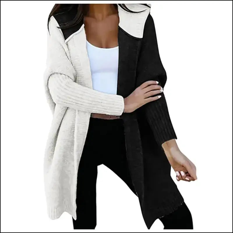 Women’s Loose Knitted Sweater Jacket | Fashion Open Front Long Sleeve Hooded Knit Cardigan | Color Block Outwear Coat