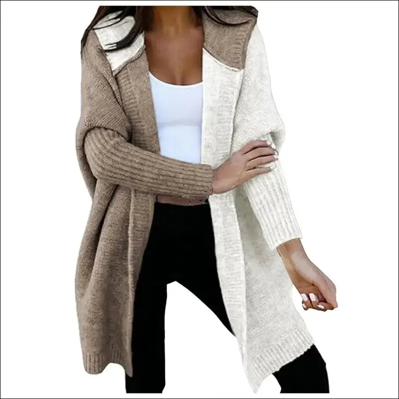 Women’s Loose Knitted Sweater Jacket | Fashion Open Front Long Sleeve Hooded Knit Cardigan | Color Block Outwear Coat