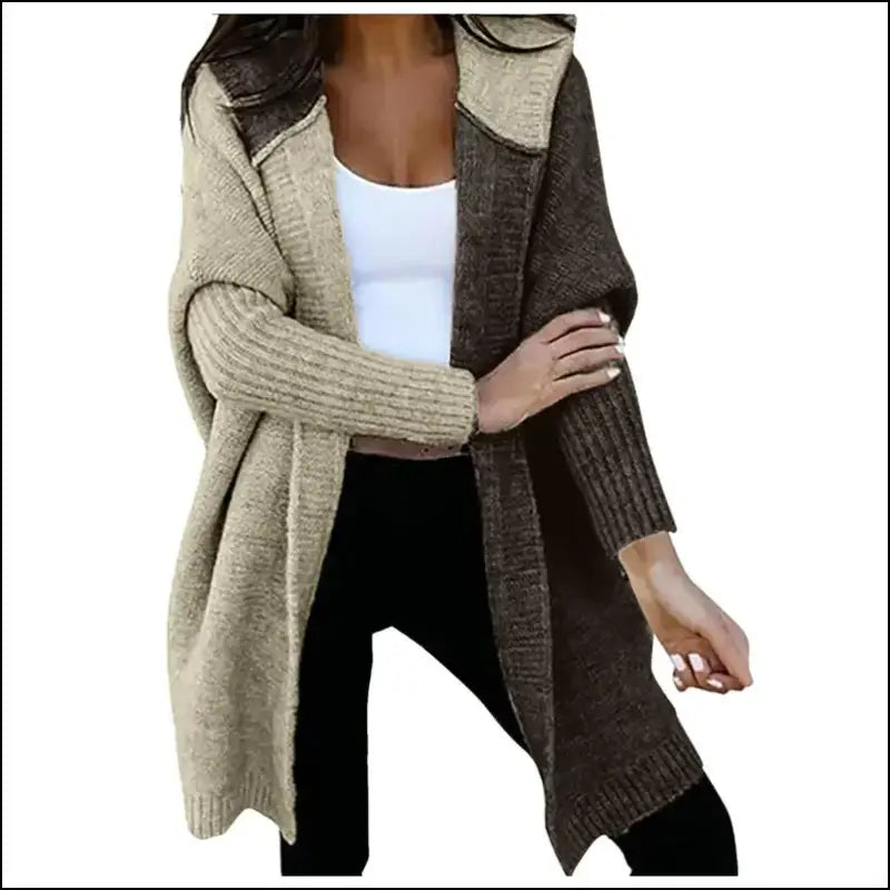 Women’s Loose Knitted Sweater Jacket | Fashion Open Front Long Sleeve Hooded Knit Cardigan | Color Block Outwear Coat