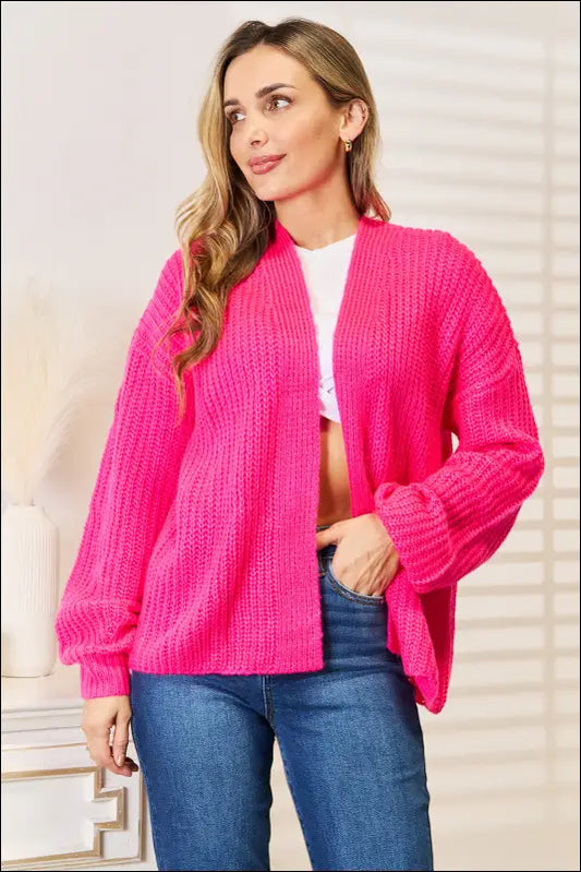 Woven Right Rib-Knit Open Front Drop Shoulder Cardigan - Hot Pink / S