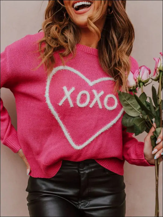 XOXO Round Neck Drop Shoulder Sweater - Deep Rose / S