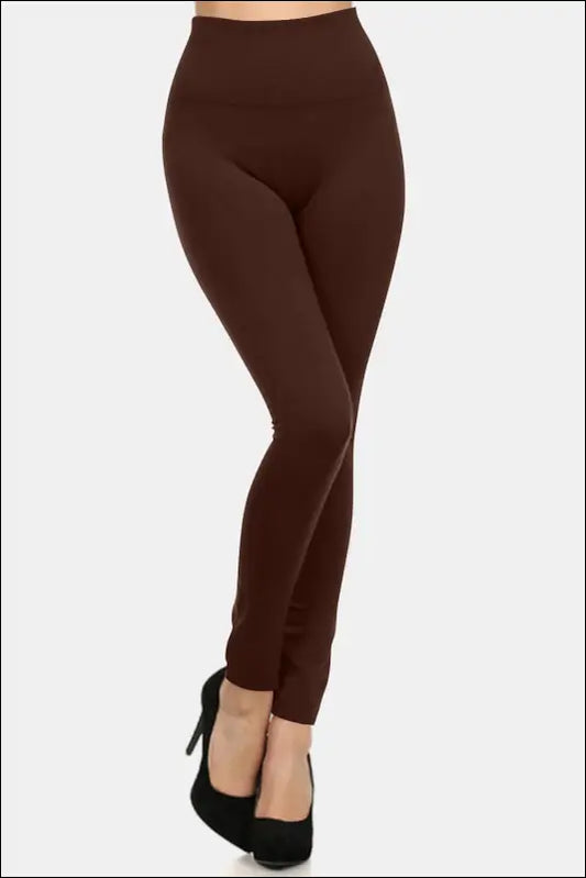 Yelete Full Size Seamless Fleece Lined Leggings - Coffee / One Size-Regular